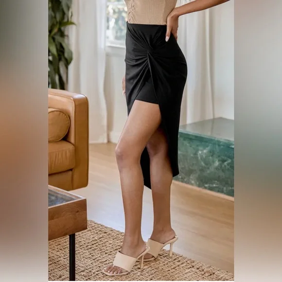 LULUS Put a Spin On It Black Twist-Front High-Low Midi Skirt * The EVERYTHING - Picture 6 of 12